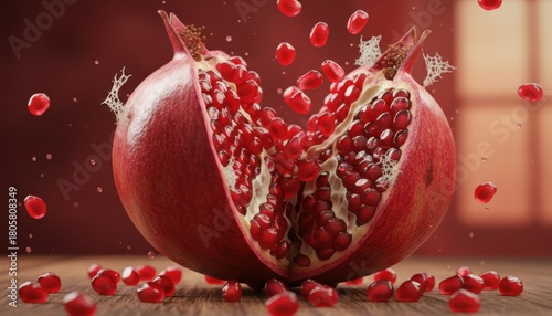 A close-up shot of a pomegranate fruit, split open with seeds spilling out, on a wooden surface.