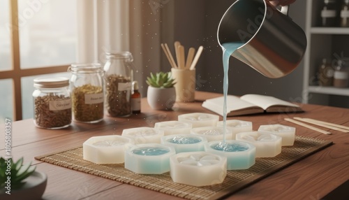 A person pouring liquid into molds, creating handmade candles on a wooden table.