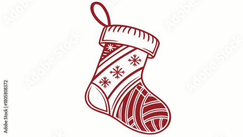 Illustration of a christmas stocking with snowflakes and geometric patterns in red color isolated