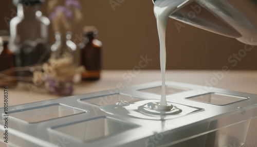 Close-up shot of pouring liquid soap into a mold for soap making.