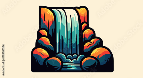 Vibrant Waterfall Illustration with Rocks and Lush Surroundings in Cartoon Style.