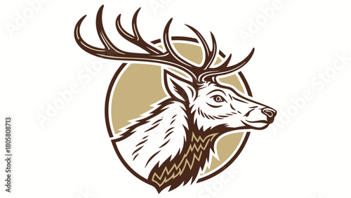 Illustration of a stag's head with large antlers inside a circle on a white background viewed from side