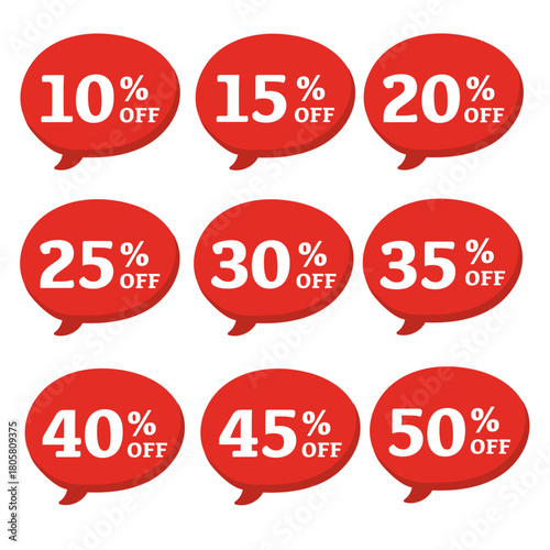 赤い吹き出しのフレームアイコンセット|10〜50の数字・%OFFの文字/企業・商品向け素材/Red speech bubble frame icon set

