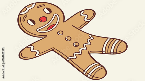 Illustration of a cheerful gingerbread man cookie with icing and button details on a light background