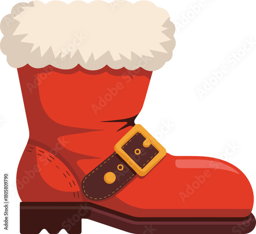 Red winter boot vector with white fur trim and golden buckle for holiday season illustration
