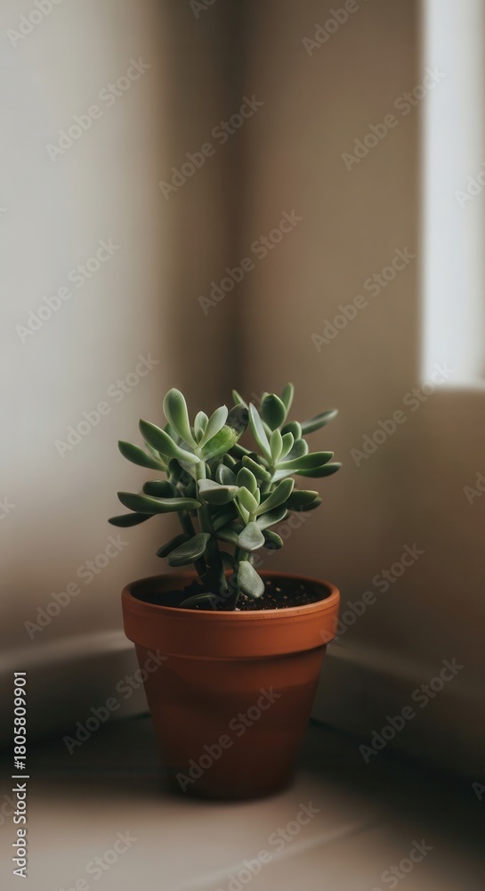 Fototapeta premium Small succulent plant grows inside a terracotta pot situated in a softly lit room corner