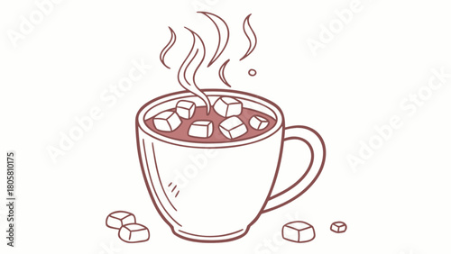 A steaming mug of hot chocolate with marshmallows and extra marshmallows on the side illustration