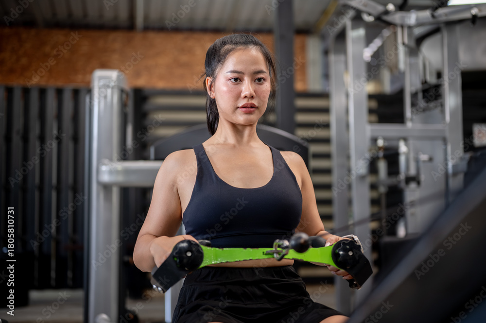 Fototapeta premium Asian woman client or fitness trainer sitting exercising with a stretching equipment machine in gym.