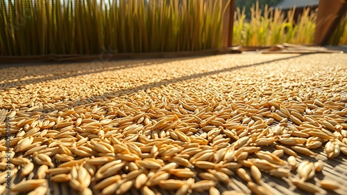 foolishness. Barley grains drying on a mat under soft, natural sunlight. menu design, packaging mockups, designed for culinary blogs and recipe cards for restaurants, used by account managers.