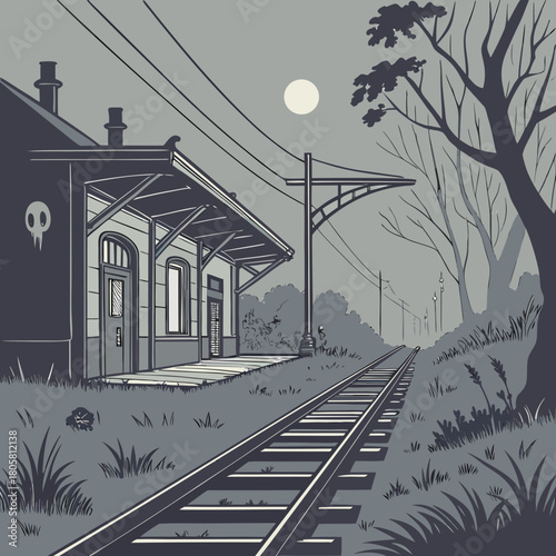 Haunted Train Station at Midnight Halloween Background