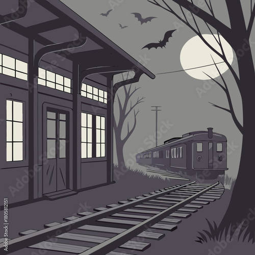 Haunted Train Station at Midnight Halloween Background