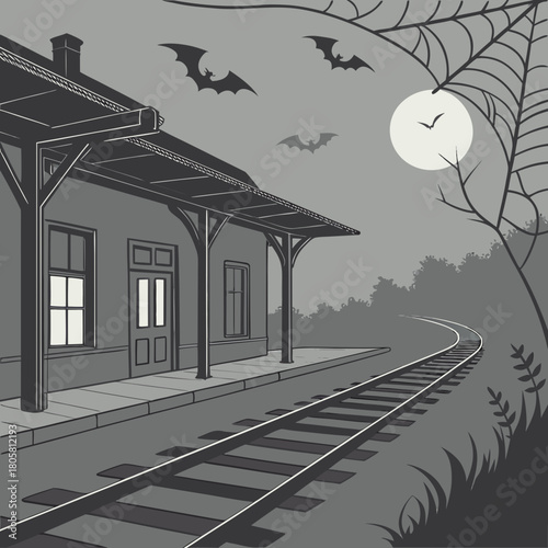 Haunted Train Station at Midnight Halloween Background