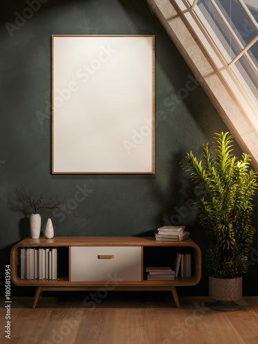 Fototapeta Naklejka Na Ścianę i Meble -  Blank frame on dark green wall and drawer table on wood parquet floor with roof window in attic room
