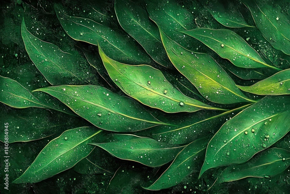 Obraz premium layered elongated green leaves with dew droplets on a dark textured background, lush tranquil and fresh foliage