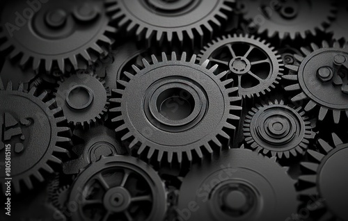 Close-up of interlocking black metal gears and cogs of various sizes with textured teeth and deep shadows, conveying mechanical precision and industrial intensity