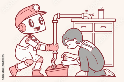 Teamwork fixes plumbing with a friendly robot and human duo, illustrating collaboration for home repair services and innovative technology solutions.