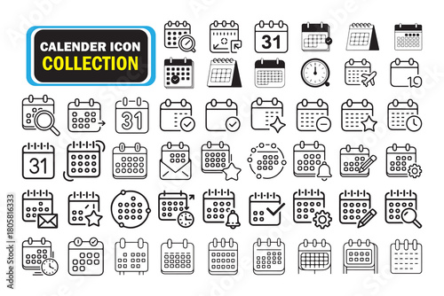 Calendar Icon Collection in Outline and Filled Style.calender date icon bundle time appointment symbol