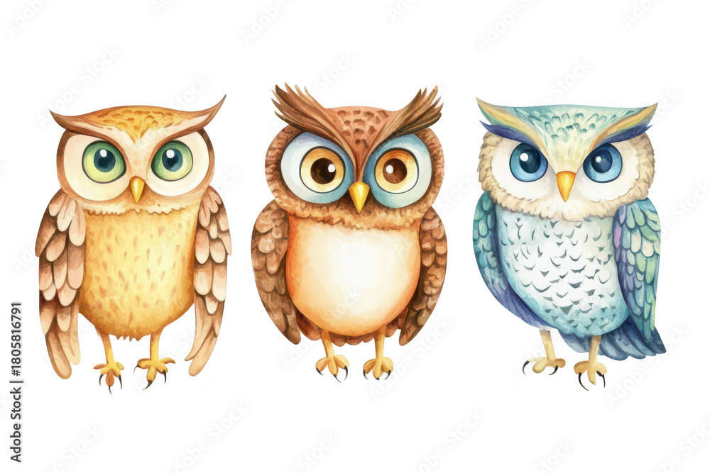 Fototapeta premium Three colorful cartoon owls with distinct features. their unique expressions and feather patterns. set against a plain white background. ideal for educational materials or childrens illustrations
