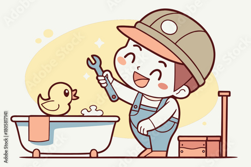 Joyful cartoon plumber ready to fix the tub, a cute rubber ducky watching, perfect for children's content or playful home repair services promotions
