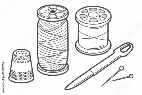 Sewing essentials ready for your next creative project, including thread, needle, pins and a thimble, perfect for DIY crafting, fashion design or mending