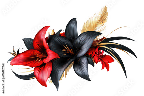 A floral arrangement featuring striking red and black lilies intertwined with golden leaves. set against a clean white background. ideal for decorative or artistic use