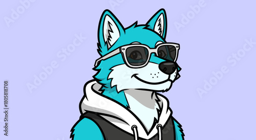 Cool Blue Wolf Cartoon Character with Sunglasses and Hoodie.