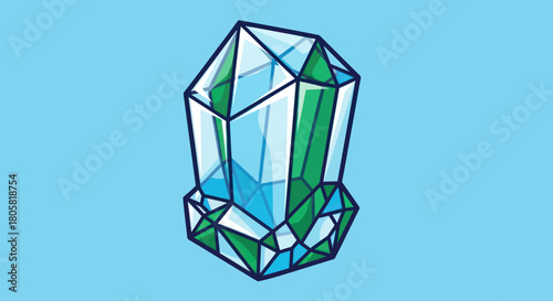 Crystal formation with facets and sharp edges on a light blue background.