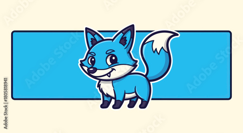 Cute cartoon blue fox smiling with a fluffy white tail and black paws.