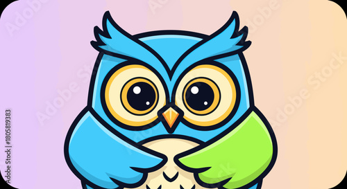 Cute cartoon owl with big eyes and blue feathers looking forward with curiosity.