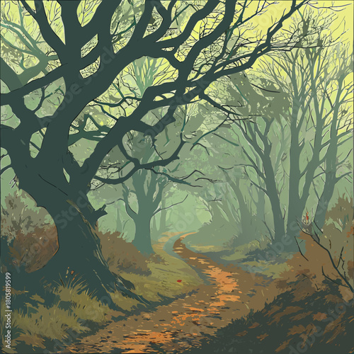 Misty Autumn Forest Path Eerie Vector