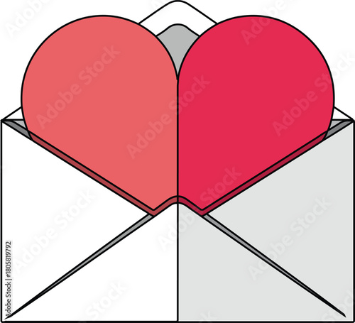 Vector graphic of a vibrant red heart partially inside an open white envelope for romantic communication.