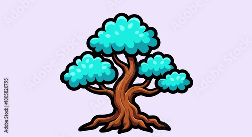 Stylized cartoon tree with vibrant blue-green foliage and sturdy brown trunk.