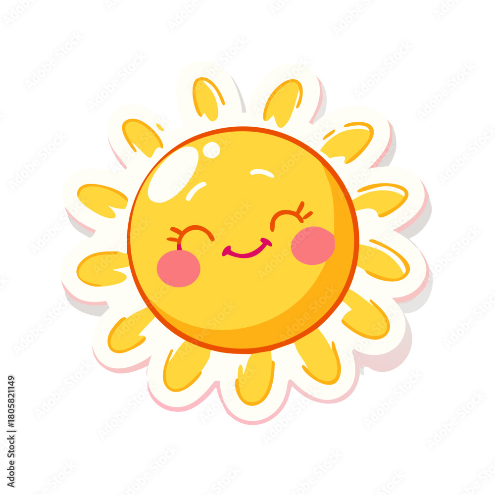 Fototapeta premium Cartoon sun sticker with happy face and warm blush