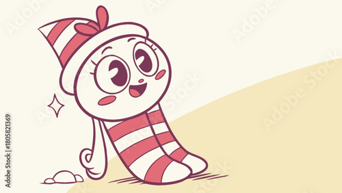 Cartoon character with striped hat and legs leaning against a wall with a happy expression shown
