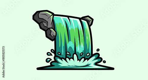 Stylized Waterfall Illustration with Rocks and Splashing Water.