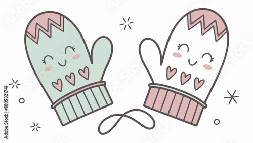 Illustration of two cute mittens with heart details and smiling faces in pastel colors on white background