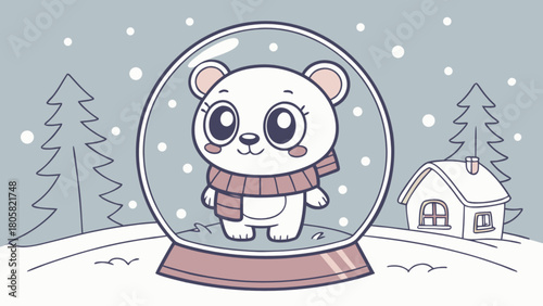 Illustration of a polar bear wearing a scarf inside a snow globe with winter scenery behind it