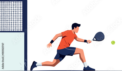 A male player in motion hitting a ball with a 2D vector padel racket in a dynamic padel sport scene with a minimalist background.