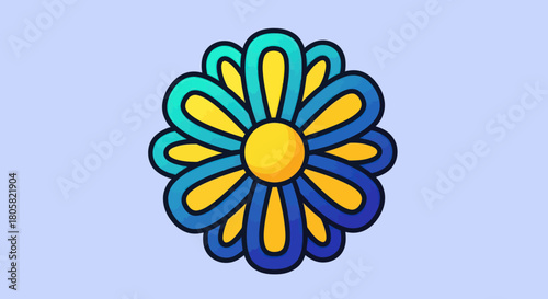 Vibrant floral design with layered petals and a bright yellow center, artistic illustration.