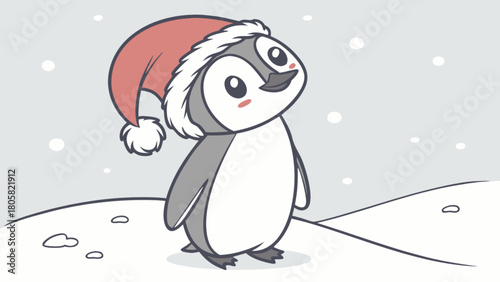 Cartoon penguin wearing a santa hat standing in the snow looking up at the falling snowflakes gently