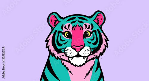Vibrant Teal and Pink Tiger Head Illustration with Bold Stripes.