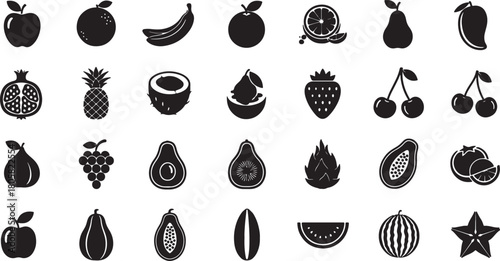 Variety of Black and White Fruit Icons and Symbols Vector Set