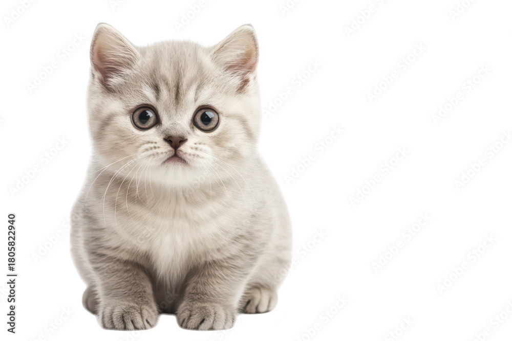 Obraz premium Adorable fluffy gray kitten with big expressive eyes sitting upright on a clean white background. embodying cuteness and playfulness. perfect for pet-related content or animal photography