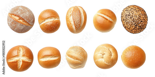 A visually appealing assortment of freshly baked bread rolls arranged neatly in a row. various textures and shapes. perfect for culinary presentations or bakery promotions