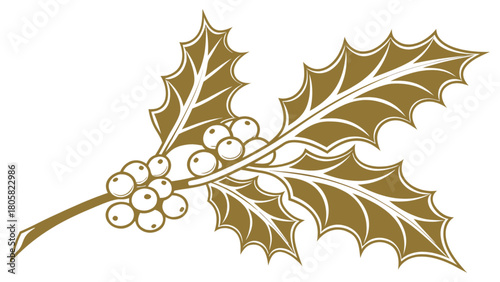 Illustration of a holly branch with leaves and berries in a golden color on a white background here