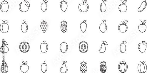 Collection of Outline Style Fruit Icons Variety of Healthy Produce