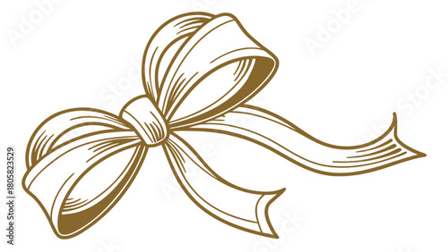 Illustration of a decorative ribbon bow with flowing tails and detailed line work on a white background