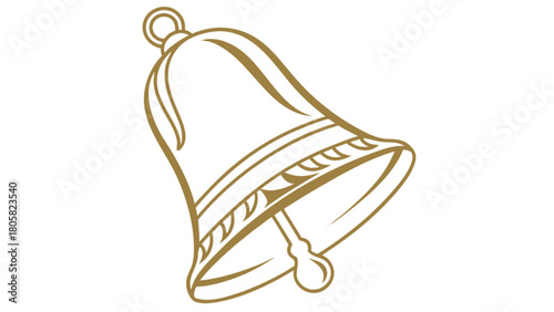 Illustration of a golden bell with a clapper and decorative band on a white background view