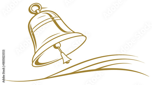 Golden bell with clapper suspended above curved lines on a white background illustration style art
