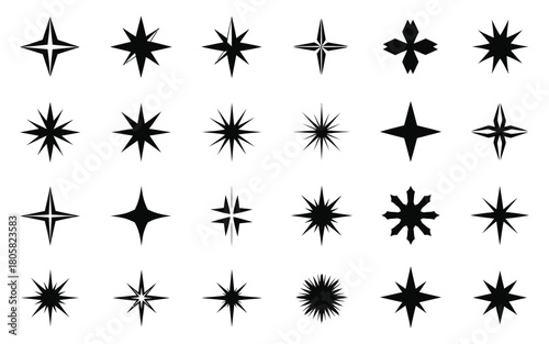 Collection of diverse black starburst sparkle and shine icons representing light and brilliance